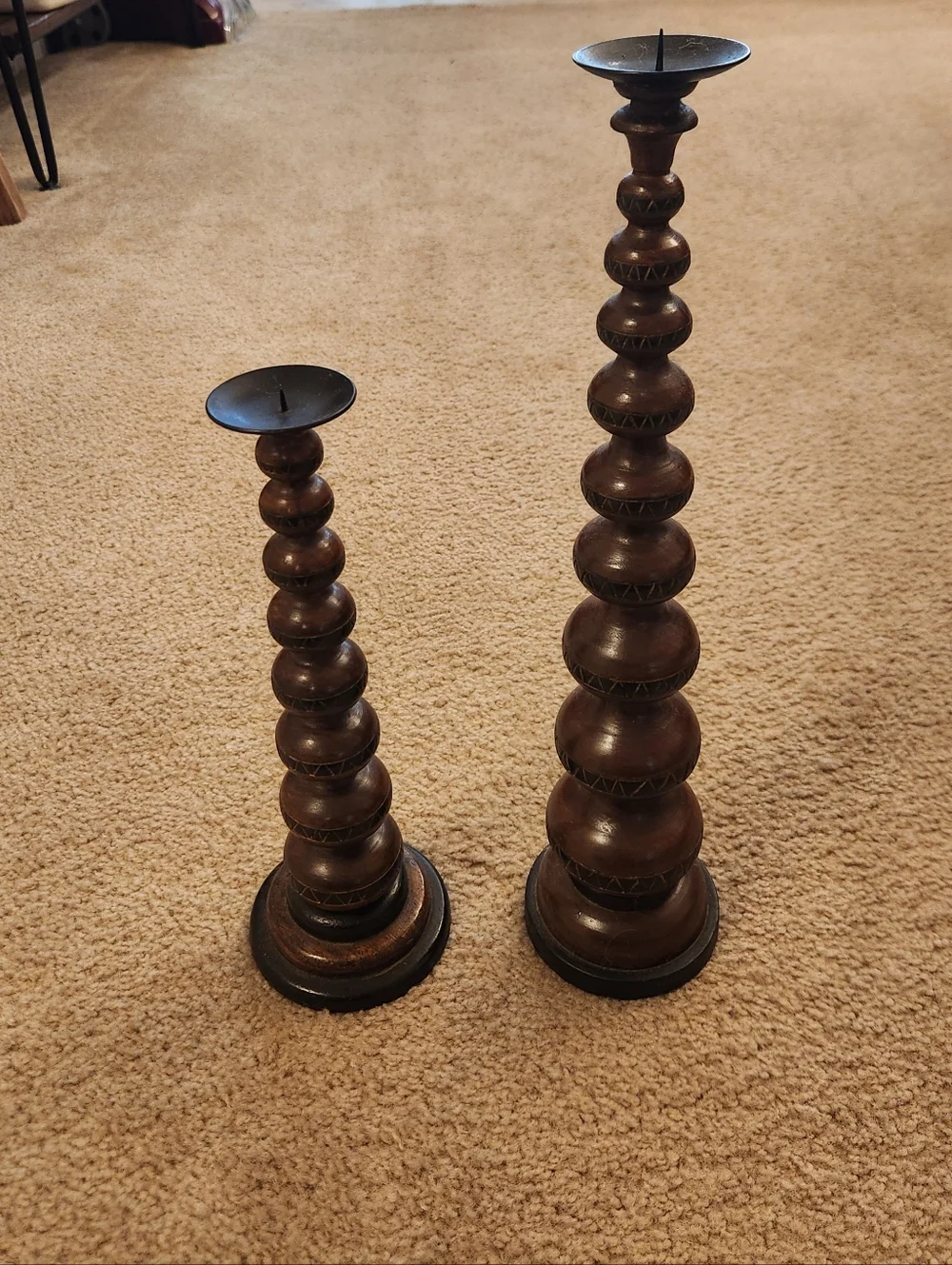 Vtg Set Of 2‎ Wooden Candle Holders Bobbin Deisgn